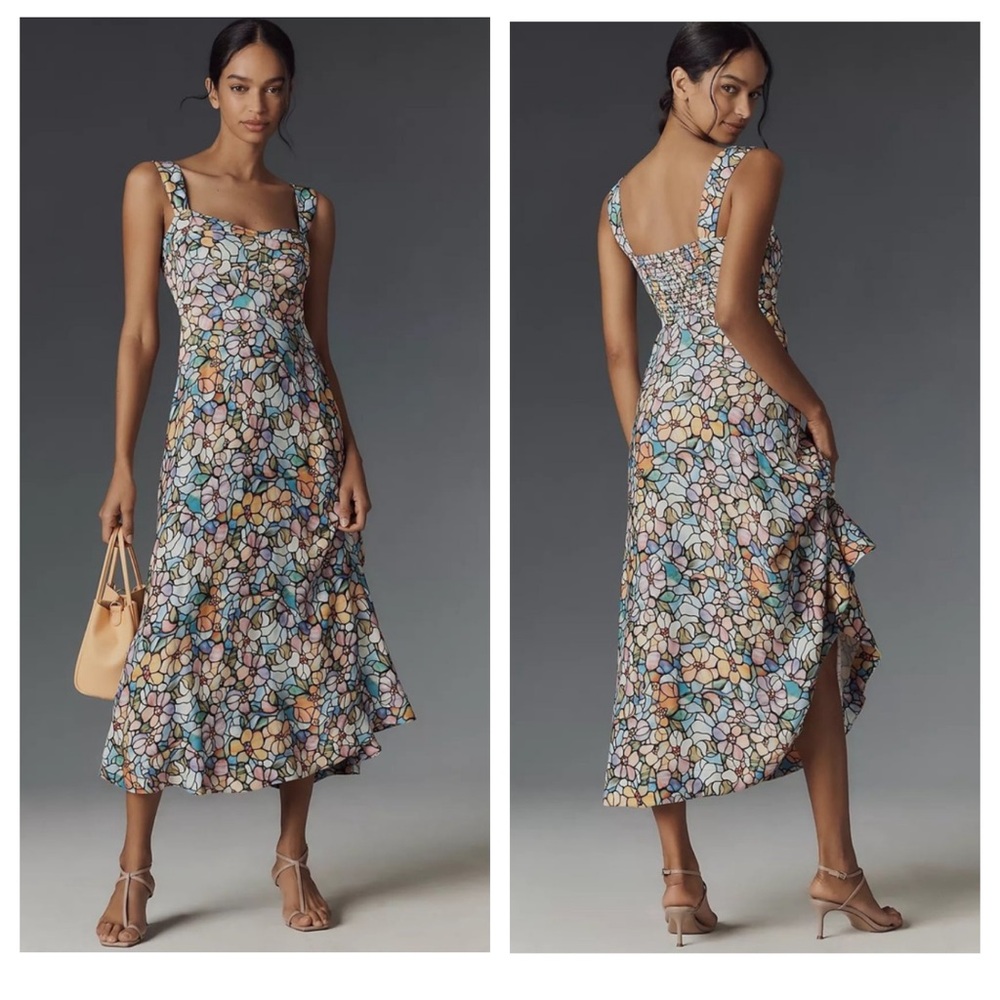 Anthropologie Floral Mosaic Midi Dress in Pastel Blue, Pink, Peach